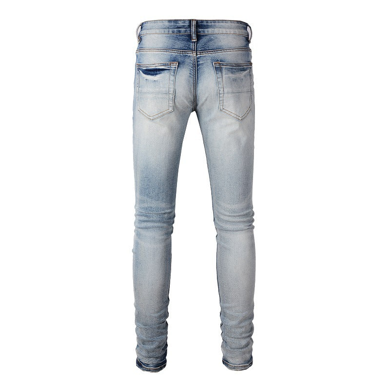 6666 High Street Ripped Patch Jeans Retro Elástico Slim High Street Denim para hombre 