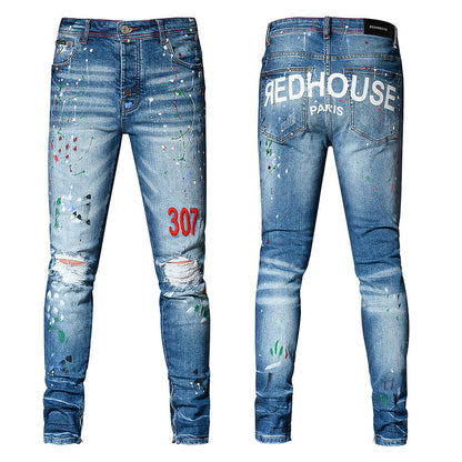 Jeans azules de pierna recta con bordado desgastado y diseño de pintura para estilo urbano 