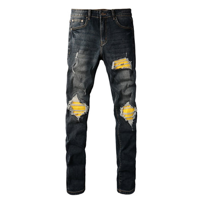 Designer Jeans For Mens Mens Jeans Jeans High Street Hole Star Patch Mens Womens Star Embroidery Panel Trousers Stretch Slim fit Trousers Pants 40583