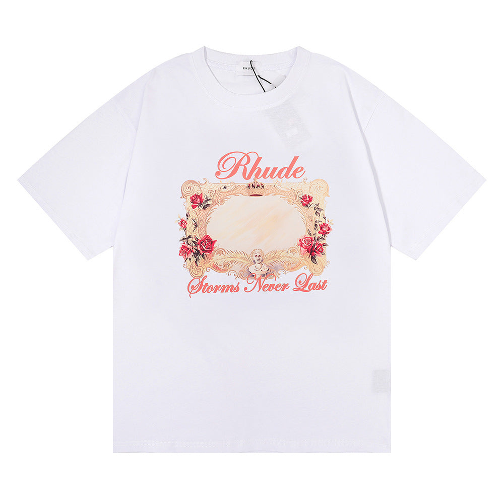 Cross-border Los Angeles Niche Trendy Clothing Rhude Design Sense Rose Short-sleeved T-shirt Men and Women The Same Wholesale