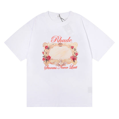 Cross-border Los Angeles Niche Trendy Clothing Rhude Design Sense Rose Short-sleeved T-shirt Men and Women The Same Wholesale