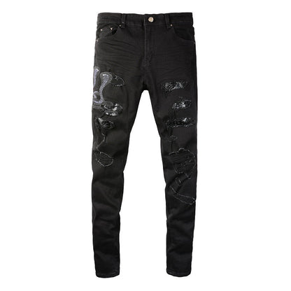 8560 Jean déchiré avec patch brodé Cobra Jean extensible slim High Street 