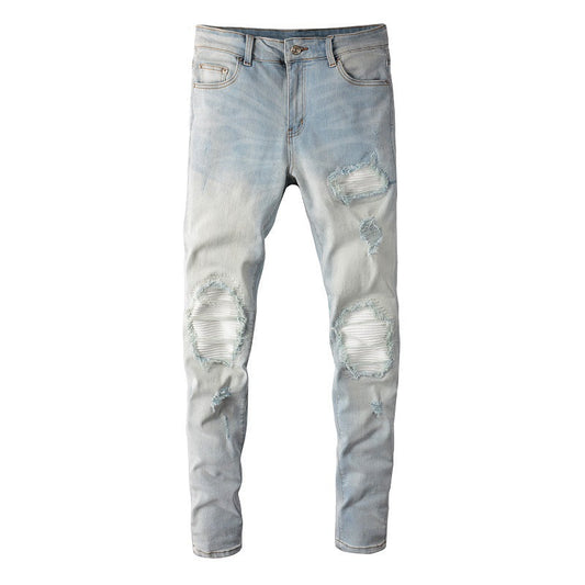 6624 High Street Ripped Patch Jeans Retro Homme Élastique Slim Fit Bleu Clair Jeans 