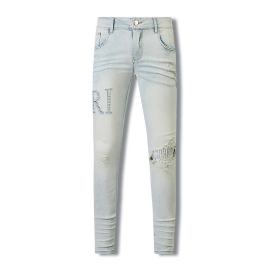 Fashionable Light Wash Jeans 8818 with Eye Catching Rhinestone Letter Accents