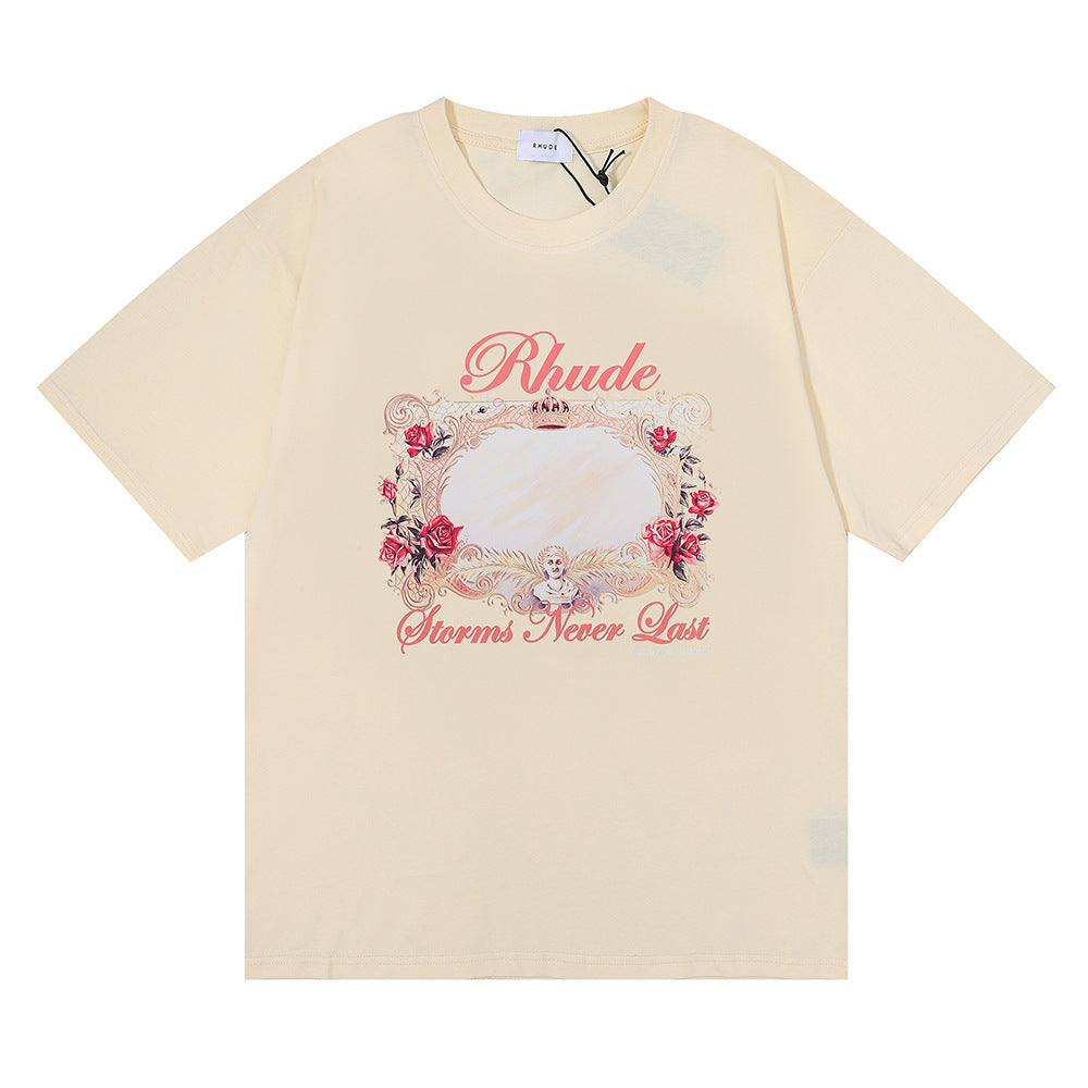 Cross-border Los Angeles Niche Trendy Clothing Rhude Design Sense Rose Short-sleeved T-shirt Men and Women The Same Wholesale