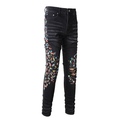 Pantalon décontracté en denim de rue en coton micro élastique pour jeunes, jean skinny noir avec éclaboussures de peinture #865