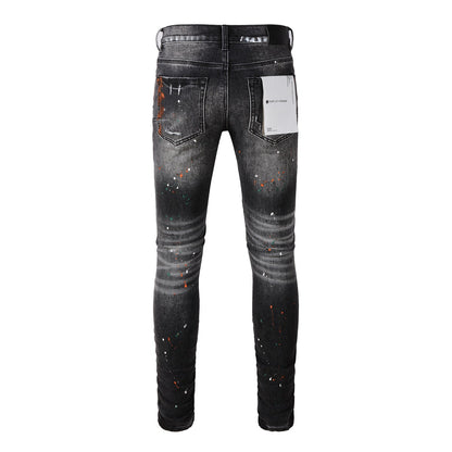 Mens New Black Grey Jeans Urban Style with Unique Ripped Patches