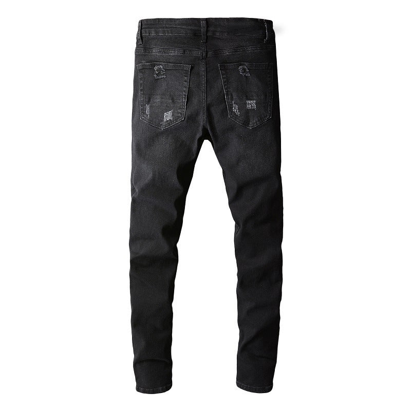 Jean noir moulant pour homme avec patchs cachemire et détails vieillis 