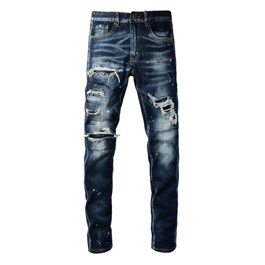 Jeans de hombre estilo coreano con parches y agujeros, estilo retro, azul, versión 6905 