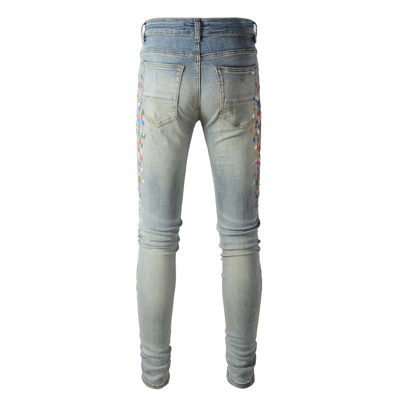 Pantalones casuales de mezclilla de calle de algodón microelástico para jóvenes, jeans ajustados con salpicaduras de pintura azul n.° 868 