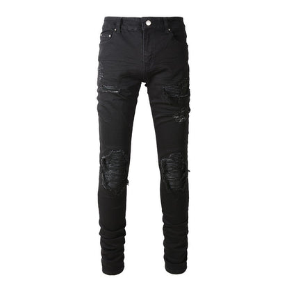 Jean slim noir pour homme avec détails froissés, patchs et design déchiré 