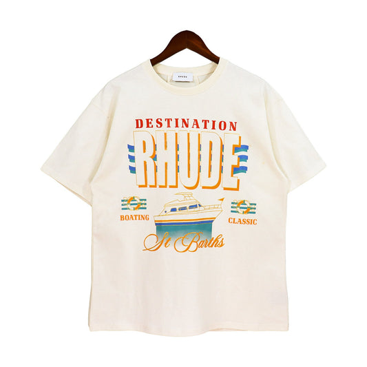 Rhude American Trendy Yacht Print Summer New Loose Casual Men and Women Couples with The Same Short-sleeved T-shirt