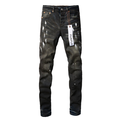 Pantalones vaqueros morados rotos para hombre, elegantes, ajustados, con pintura negra, para la calle 