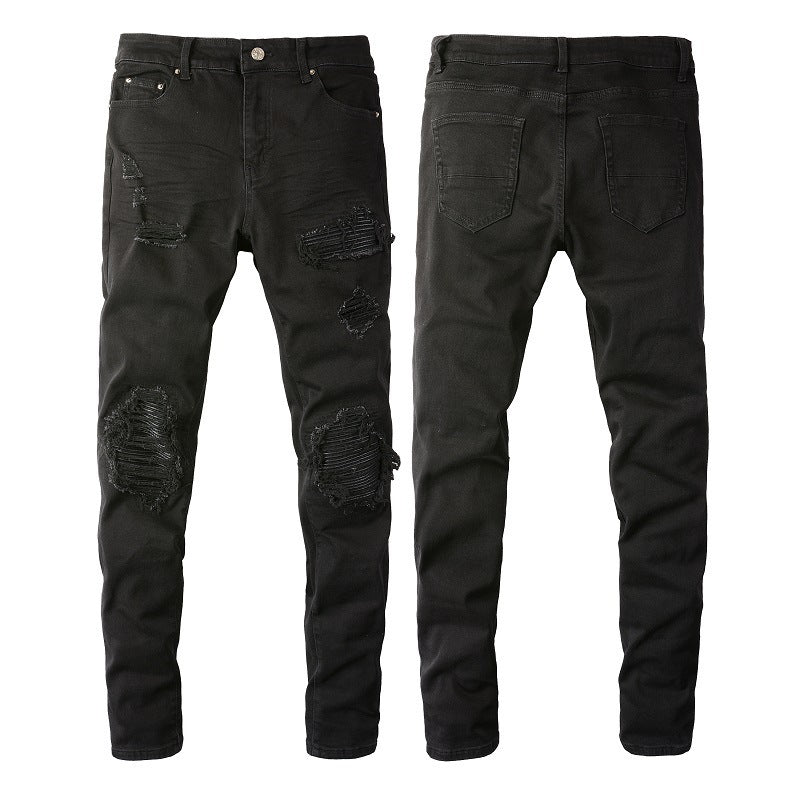 Men's Slim Fit Black Jeans with Wrinkled Details, Patches, and Ripped Design