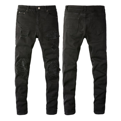 Jean slim noir pour homme avec détails froissés, patchs et design déchiré 