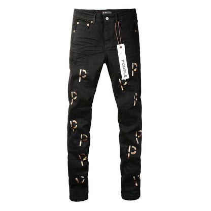 Nouveau jean déchiré vintage avec impression de lettres noires 9008