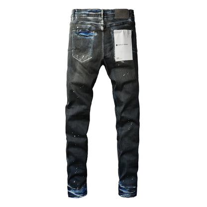 Pantalones vaqueros ajustados morados para hombre con detalle roto, pantalones de motociclista de mezclilla de moda con parches y diseño estampado 