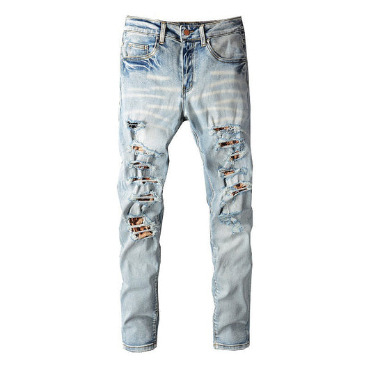 810 Jeans de corte entallado High Street con parche de leopardo roto para hombre 