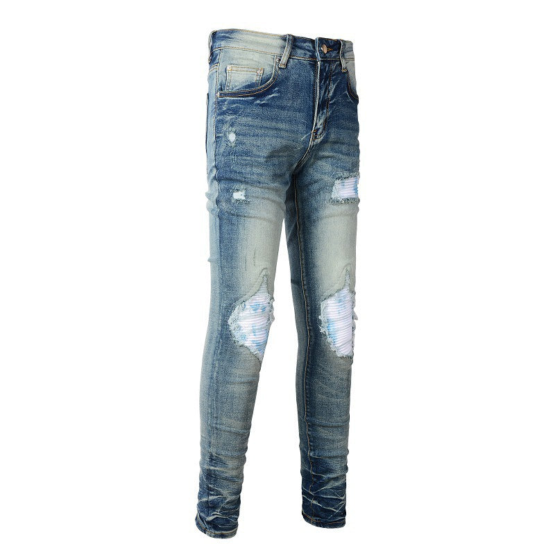 Men's Blue Jeans with White Patches and Ripped Stretch Design