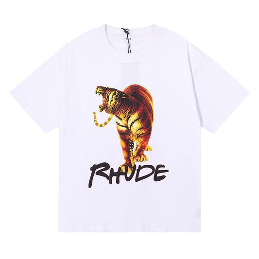 Niche Beauty Tide Los Angeles RHUDE Tiger Design High Definition Printing Double Yarn Cotton Short-sleeved T-shirt Men and Women with The Same Style Te