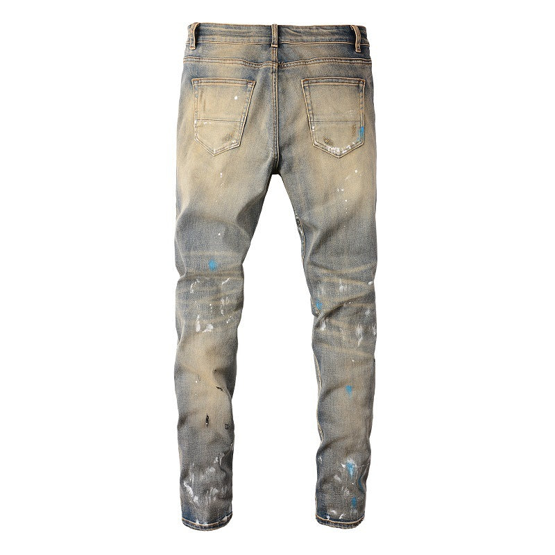 6556 High Street Ripped Patch Jeans Vintage Homme Élastique Slim High Street Denim 