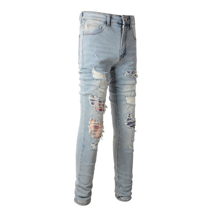 6637 High Street Hole Changement progressif de couleur Patch Jeans Rétro Hommes Élastique Slim High Street Jeans 