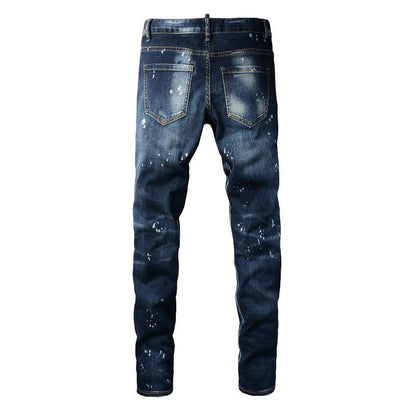 Jeans de hombre estilo coreano con parches y agujeros, estilo retro, azul, versión 6905 