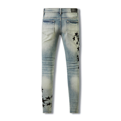 Retro Style Blue Denim with Distressed Wash and Star Shaped Faux Leather Accents