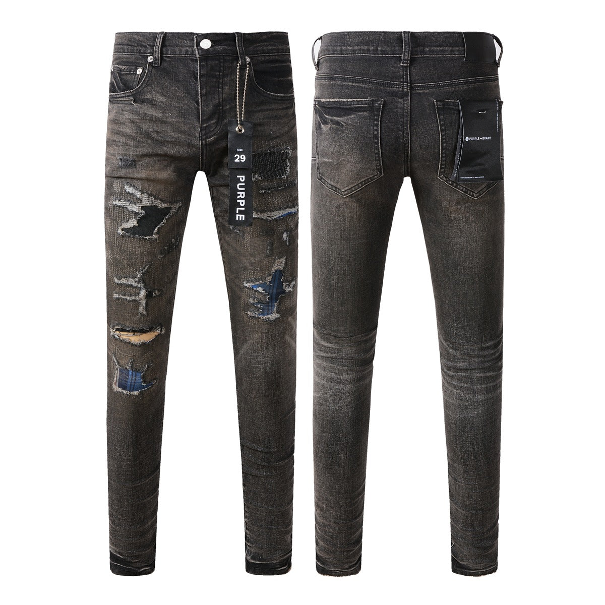 Pantalon en denim noir chic et vieilli 9080 combinant déchirures et patchs pour un style moderne 