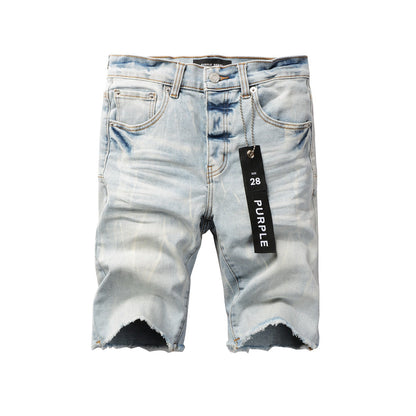 Short en jean bleu 5017 avec texture froissée et boutonnage classique sur le devant 