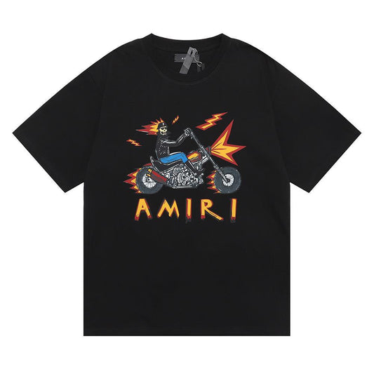 Summer Short-sleeved, High Street Hip-hop New Amiri Locomotive Skeleton Ghost Rider Printed Trendy T-shirt for Men and Women