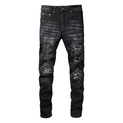 829 Street Ripped Patch Jeans Pantalon slim à épissure pour hommes High Street 