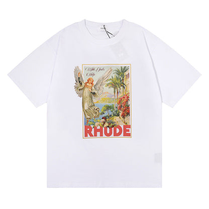 Cross-border Supply Summer Tide Brand Los Angeles Rhude High Definition Printing Pattern Design Men and Women Couple Wear Short-sleeved T-shirt