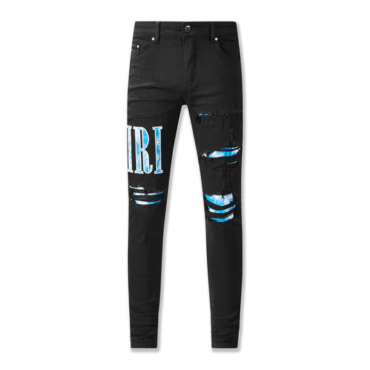 NOUVEAU THOM AMIRI Jean déchiré vintage avec lettres bleues et vêtements noirs 