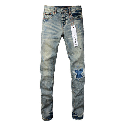 Jean de créateur violet pour homme, pantalon en denim noir, streetwear décontracté, pantalon slim à jambe droite, taille moyenne, fin 