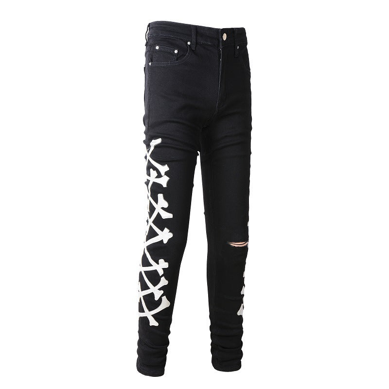 870 Jeans déchiré en cuir élastique bleu skinny motif os 