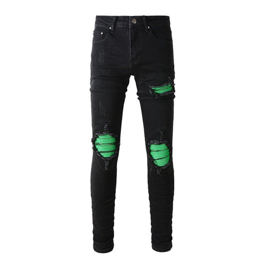 Proceso de lavado de calles Jeans con parches verdes Jeans retro ajustados elásticos para hombre 