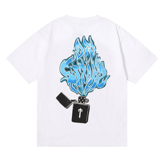 Niche Trendy Brand Trapstar Lighter Blue Flame Print Men's and Women's Pure Cotton Loose Casual Short-sleeved T-shirt