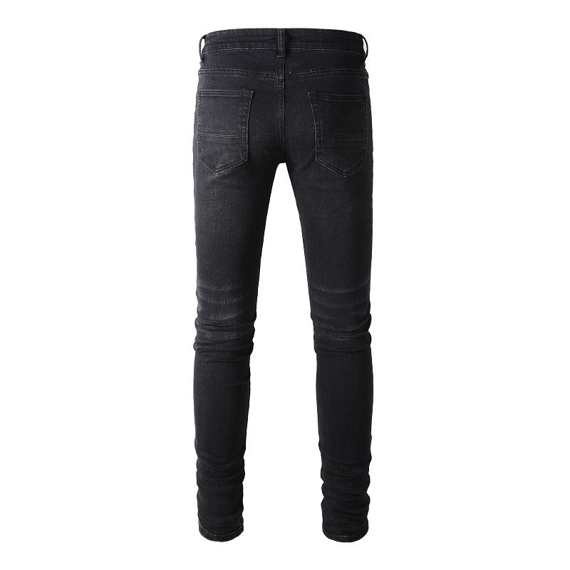 Jean slim stretch délavé noir avec détails en similicuir polyvalents 