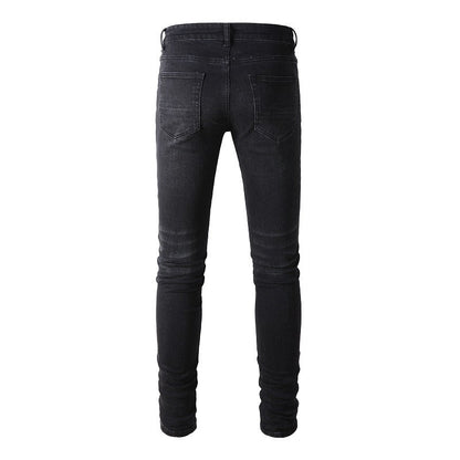 Jean slim stretch délavé noir avec détails en similicuir polyvalents 