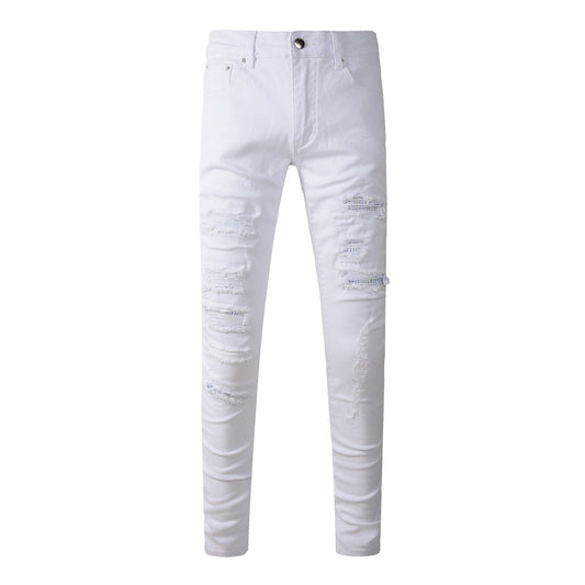 New Pop Style Ripped Holes Patchwork Skinny Mens Pants White Jeans 625