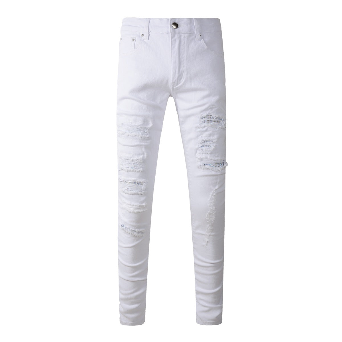 Pantalones pitillo con parches y agujeros rasgados de estilo pop para hombre, vaqueros blancos 625