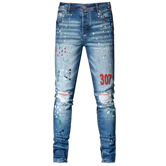 Blue Straight Leg Jeans with Distressed Embroidery and Paint Design for Street Style