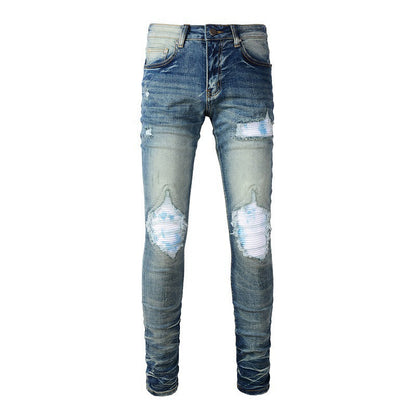 Men's Blue Jeans with White Patches and Ripped Stretch Design