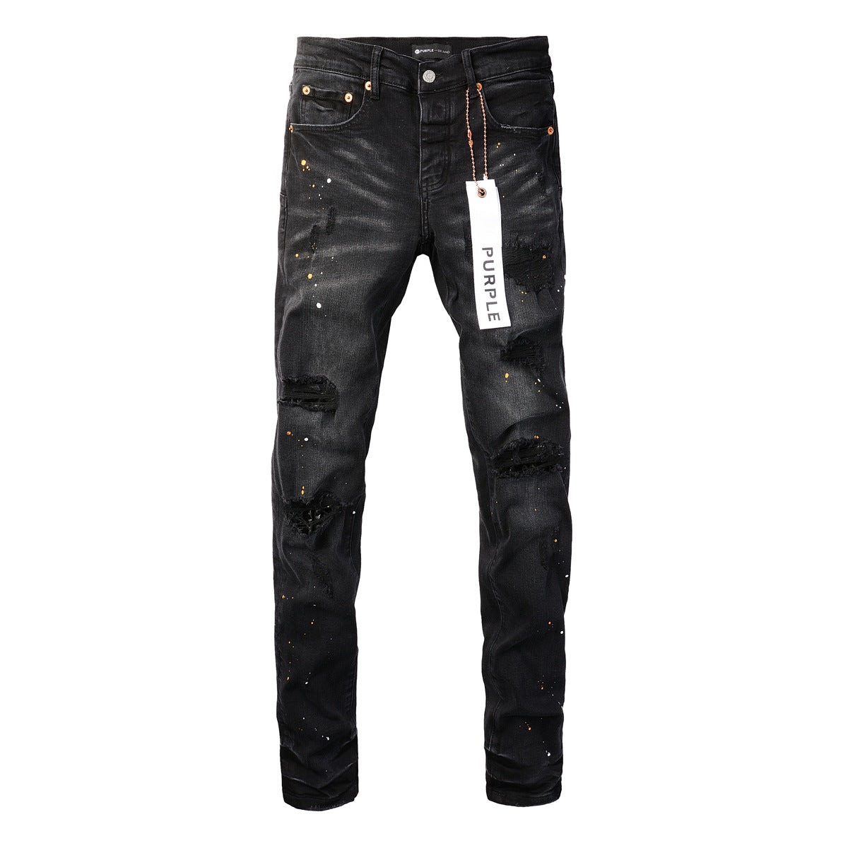 Mens Jeans Distressed Black Denim with Knee Slit and Ripped Hole 9045