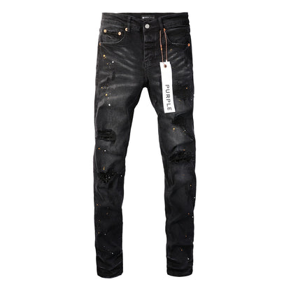 Jean pour homme en denim noir vieilli avec fente au genou et trou déchiré 9045 