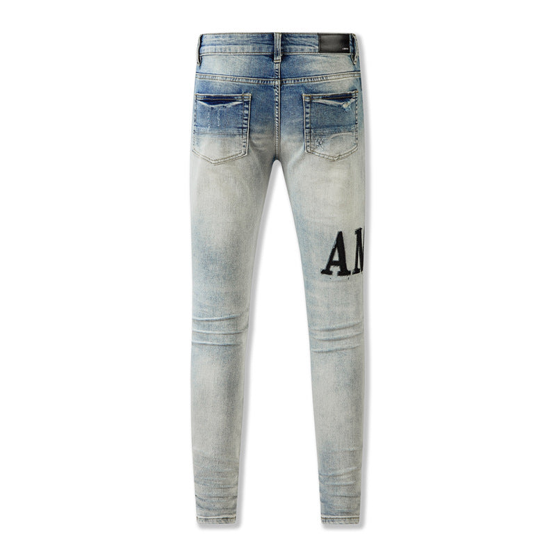 Jeans Homme Jean 2023 Demin High Amiirii Street Distressed Wash Patches Patched Letters Noir 