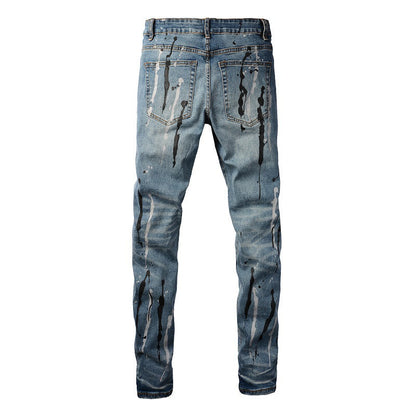 Jeans Graffiti Flow Ink déchiré Jeans Stretch Slim Denim #6907 