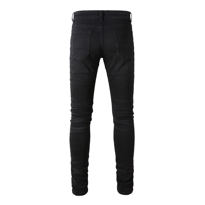 Jean slim bleu pour homme avec motif patchwork et froissé pour un style urbain 