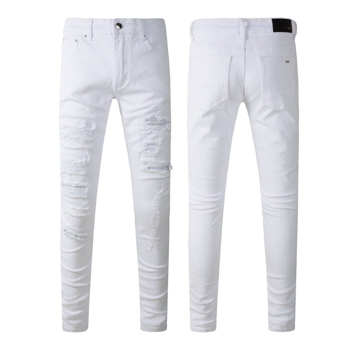 Pantalones pitillo con parches y agujeros rasgados de estilo pop para hombre, vaqueros blancos 625